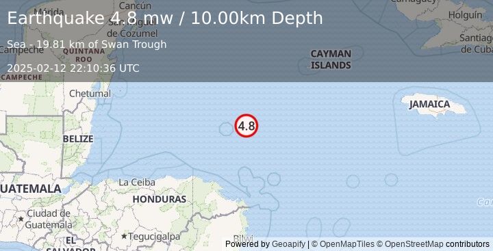 Earthquake NORTH OF HONDURAS (4.8 mw) (2025-02-12 22:10:36 UTC)