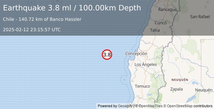 Earthquake OFF COAST OF BIO-BIO, CHILE (3.8 ml) (2025-02-12 23:15:59 UTC)