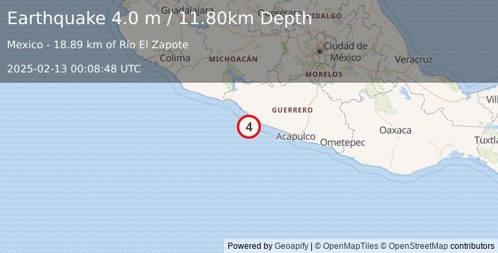 Earthquake OFFSHORE GUERRERO, MEXICO (4.0 m) (2025-02-13 00:08:48 UTC)