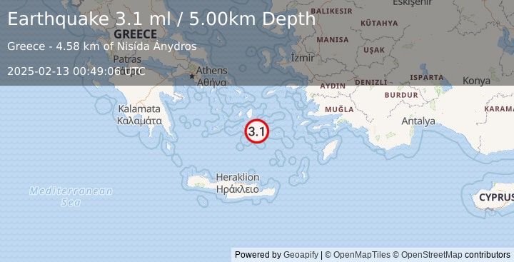 Earthquake DODECANESE ISLANDS, GREECE (3.1 ml) (2025-02-13 00:49:06 UTC)