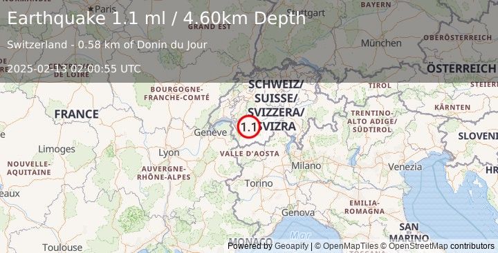 Earthquake SWITZERLAND (1.1 ml) (2025-02-13 02:00:55 UTC)