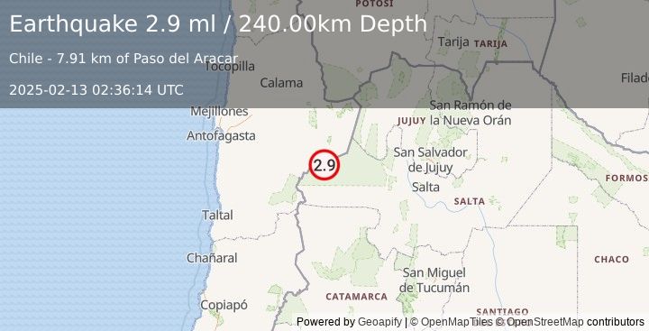 Earthquake SALTA, ARGENTINA (2.9 ml) (2025-02-13 02:36:14 UTC)