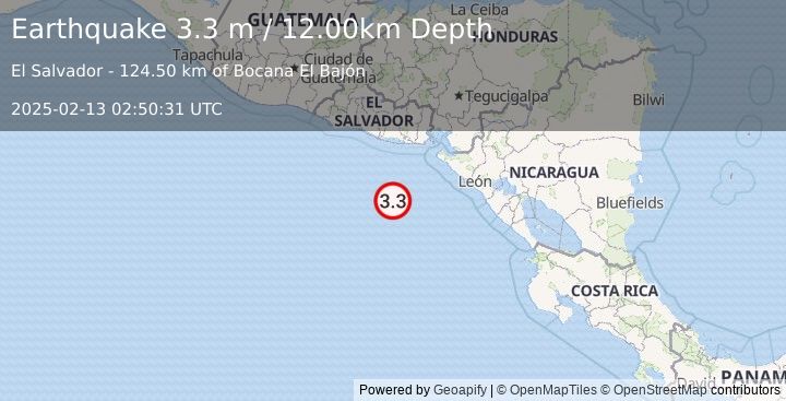 Earthquake OFF THE COAST OF EL SALVADOR (3.3 m) (2025-02-13 02:50:31 UTC)