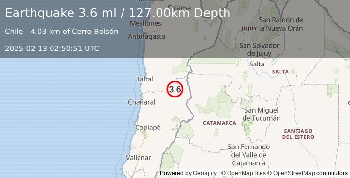 Earthquake ATACAMA, CHILE (3.6 ml) (2025-02-13 02:50:51 UTC)