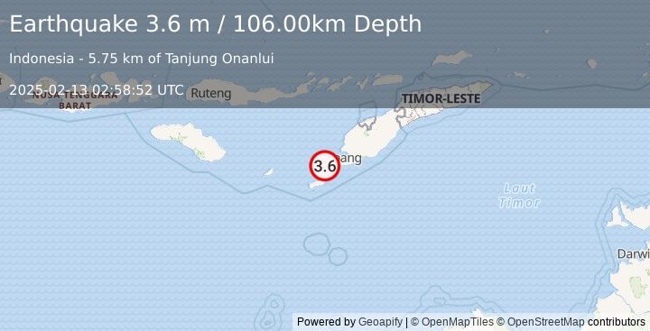 Earthquake TIMOR REGION, INDONESIA (3.6 m) (2025-02-13 02:58:52 UTC)