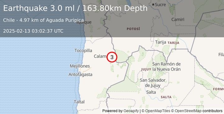 Earthquake ANTOFAGASTA, CHILE (3.0 ml) (2025-02-13 03:02:37 UTC)