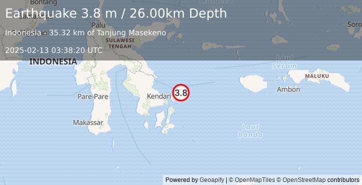 Earthquake SULAWESI, INDONESIA (3.8 m) (2025-02-13 03:38:20 UTC)