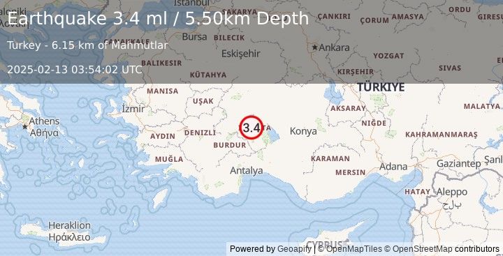 Earthquake WESTERN TURKEY (3.4 ml) (2025-02-13 03:54:02 UTC)