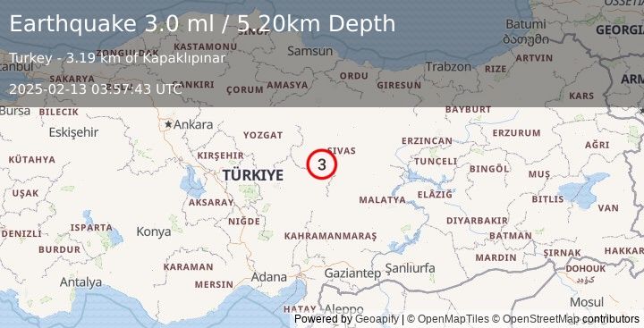 Earthquake CENTRAL TURKEY (3.0 ml) (2025-02-13 03:57:43 UTC)