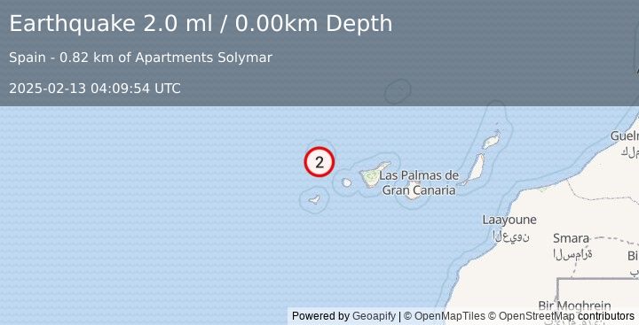 Earthquake CANARY ISLANDS, SPAIN REGION (2.0 ml) (2025-02-13 04:09:54 UTC)