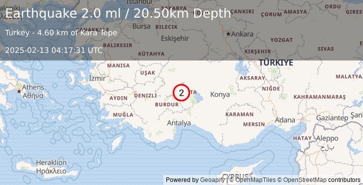 Earthquake WESTERN TURKEY (2.0 ml) (2025-02-13 04:17:31 UTC)