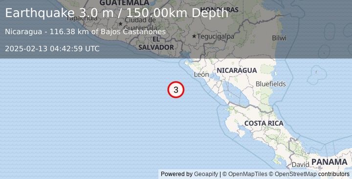 Earthquake OFF COAST OF CENTRAL AMERICA (3.0 m) (2025-02-13 04:42:59 UTC)