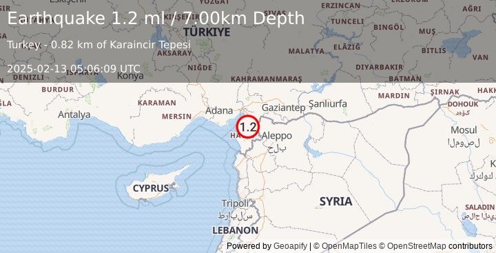 Earthquake TURKEY-SYRIA BORDER REGION (1.2 ml) (2025-02-13 05:06:09 UTC)