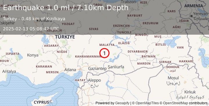 Earthquake CENTRAL TURKEY (1.0 ml) (2025-02-13 05:08:47 UTC)