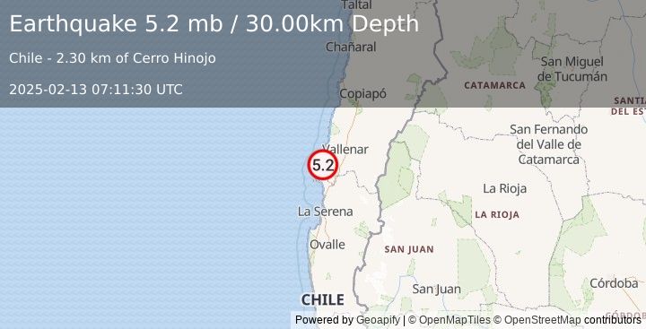 Earthquake ATACAMA, CHILE (5.3 mb) (2025-02-13 07:11:29 UTC)