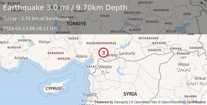 Earthquake CENTRAL TURKEY (3.0 ml) (2025-02-13 08:18:11 UTC)