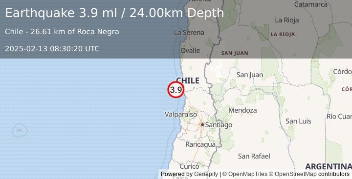 Earthquake OFFSHORE COQUIMBO, CHILE (3.9 ml) (2025-02-13 08:30:20 UTC)