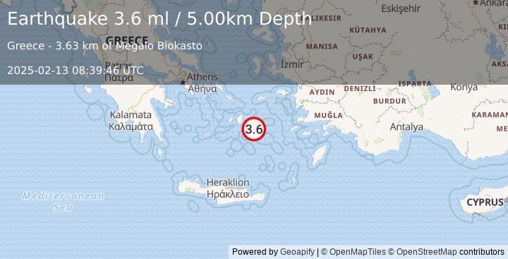 Earthquake DODECANESE ISLANDS, GREECE (3.2 ml) (2025-02-13 08:39:01 UTC)