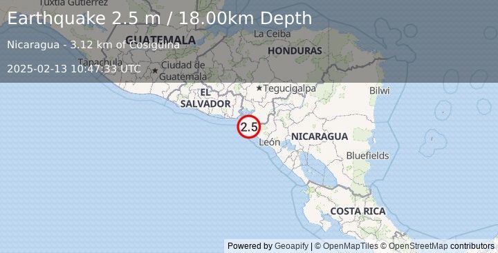 Earthquake NEAR COAST OF NICARAGUA (2.5 m) (2025-02-13 10:47:33 UTC)