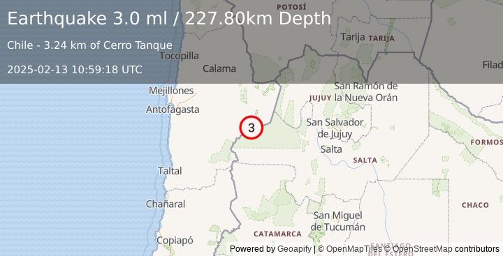 Earthquake ANTOFAGASTA, CHILE (3.0 ml) (2025-02-13 10:59:18 UTC)