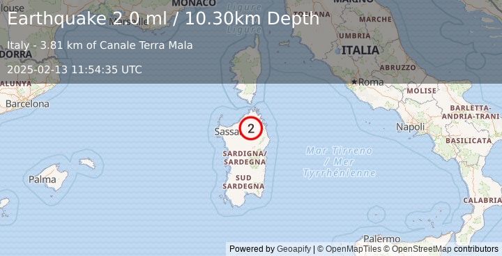 Earthquake SARDINIA, ITALY (2.0 ml) (2025-02-13 11:54:35 UTC)