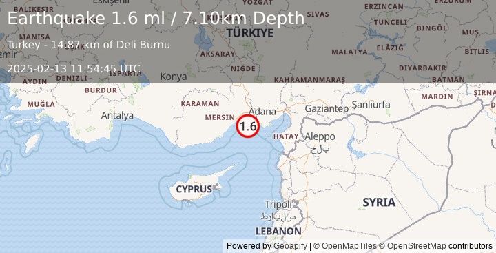 Earthquake CENTRAL TURKEY (1.6 ml) (2025-02-13 11:54:45 UTC)