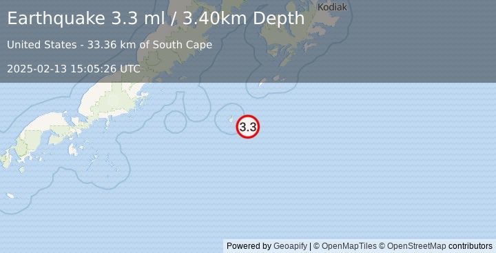 Earthquake SOUTH OF ALASKA (3.3 ml) (2025-02-13 15:05:26 UTC)