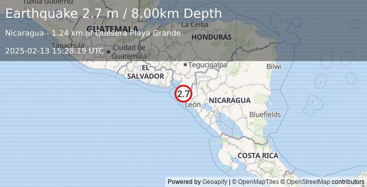 Earthquake NEAR COAST OF NICARAGUA (2.7 m) (2025-02-13 15:28:19 UTC)