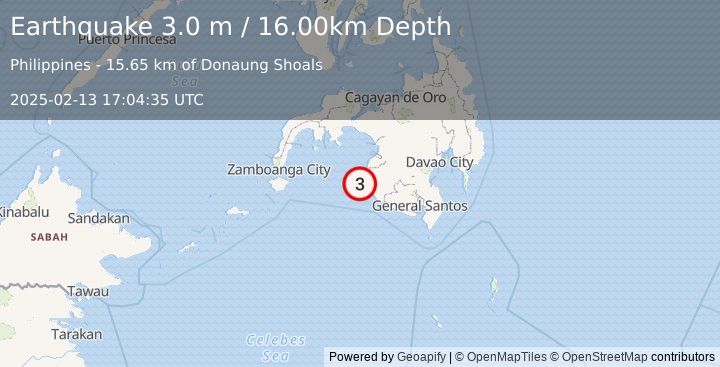 Earthquake MORO GULF, MINDANAO, PHILIPPINES (3.0 m) (2025-02-13 17:04:35 UTC)