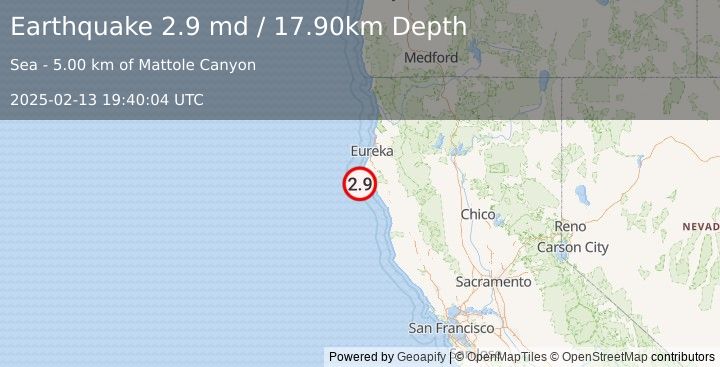 Earthquake OFFSHORE NORTHERN CALIFORNIA (2.9 md) (2025-02-13 19:40:04 UTC)