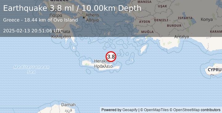 Earthquake CRETE, GREECE (3.8 ml) (2025-02-13 20:51:06 UTC)