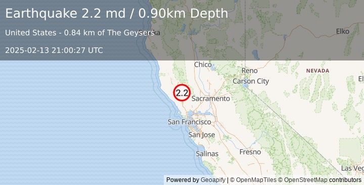 Earthquake NORTHERN CALIFORNIA (2.2 md) (2025-02-13 21:00:27 UTC)