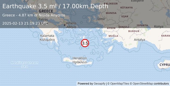 Earthquake DODECANESE ISLANDS, GREECE (3.5 ml) (2025-02-13 21:20:17 UTC)