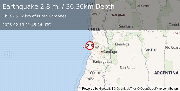 Earthquake OFFSHORE VALPARAISO, CHILE (2.8 ml) (2025-02-13 21:45:24 UTC)