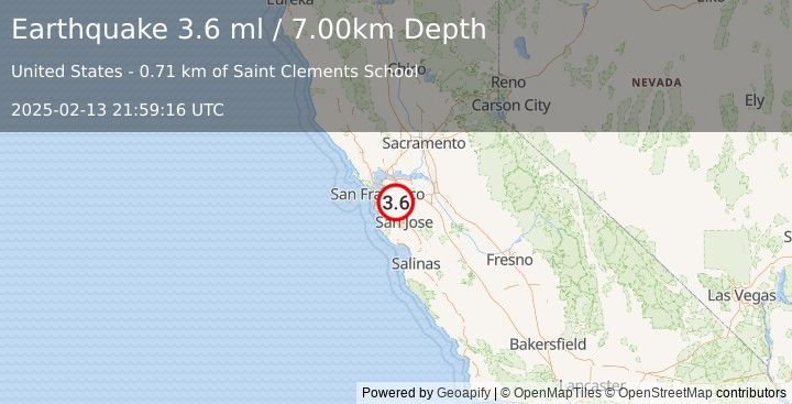 Earthquake SAN FRANCISCO BAY AREA, CALIF. (3.6 ml) (2025-02-13 21:59:16 UTC)