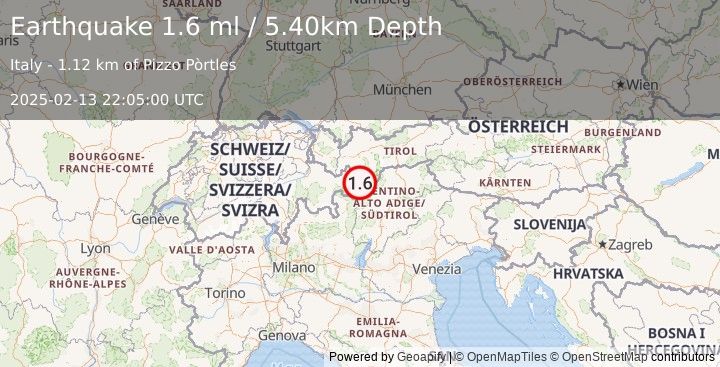 Earthquake NORTHERN ITALY (1.6 ml) (2025-02-13 22:05:00 UTC)