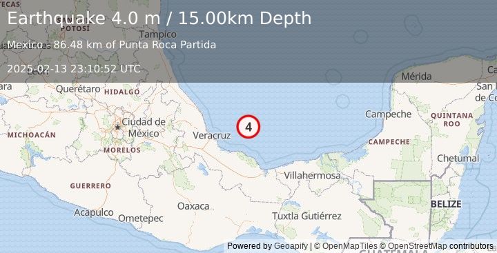 Earthquake OFFSHORE VERACRUZ, MEXICO (4.0 m) (2025-02-13 23:10:52 UTC)