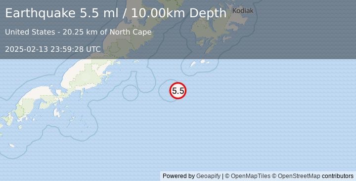 Earthquake SOUTH OF ALASKA (5.8 mw) (2025-02-13 23:59:29 UTC)