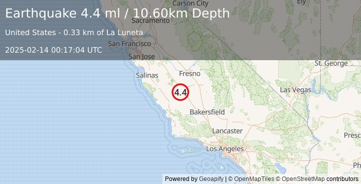 Earthquake CENTRAL CALIFORNIA (4.4 ml) (2025-02-14 00:17:04 UTC)