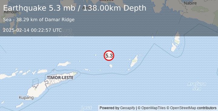 Earthquake KEPULAUAN BABAR, INDONESIA (5.3 mb) (2025-02-14 00:22:57 UTC)