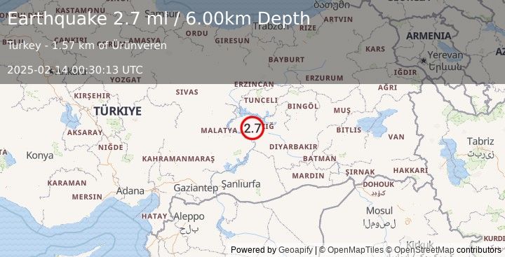 Earthquake EASTERN TURKEY (2.7 ml) (2025-02-14 00:30:13 UTC)