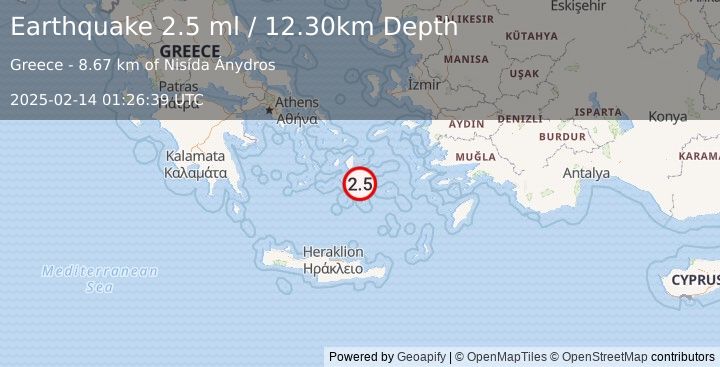 Earthquake DODECANESE ISLANDS, GREECE (2.5 ml) (2025-02-14 01:26:39 UTC)