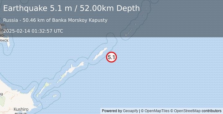 Earthquake KURIL ISLANDS (4.9 mb) (2025-02-14 01:32:54 UTC)