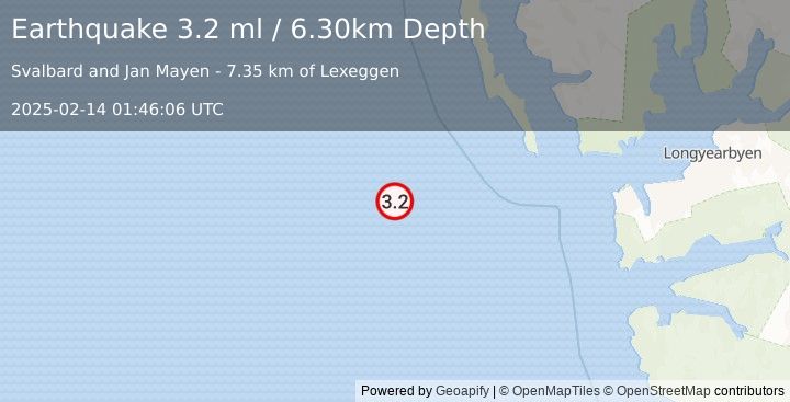 Earthquake SVALBARD REGION (3.2 ml) (2025-02-14 01:46:06 UTC)