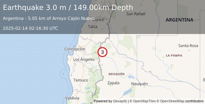 Earthquake NEUQUEN, ARGENTINA (3.0 ml) (2025-02-14 02:16:35 UTC)