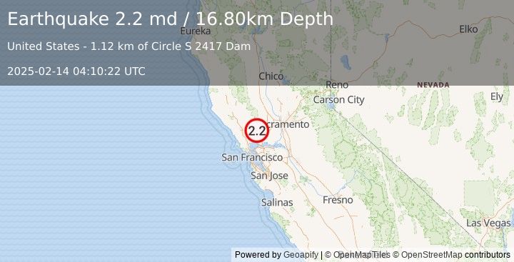 Earthquake NORTHERN CALIFORNIA (2.2 md) (2025-02-14 04:10:22 UTC)