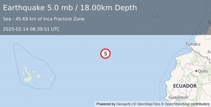 Earthquake OFF COAST OF ECUADOR (5.2 mw) (2025-02-14 06:39:50 UTC)