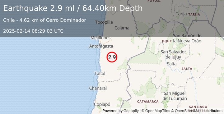 Earthquake ANTOFAGASTA, CHILE (2.9 ml) (2025-02-14 08:29:03 UTC)