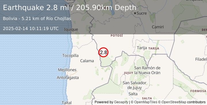 Earthquake POTOSI, BOLIVIA (2.8 ml) (2025-02-14 10:11:19 UTC)