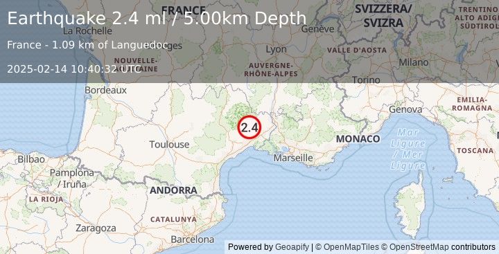 Earthquake NEAR SOUTH COAST OF FRANCE (2.4 ml) (2025-02-14 10:40:32 UTC)